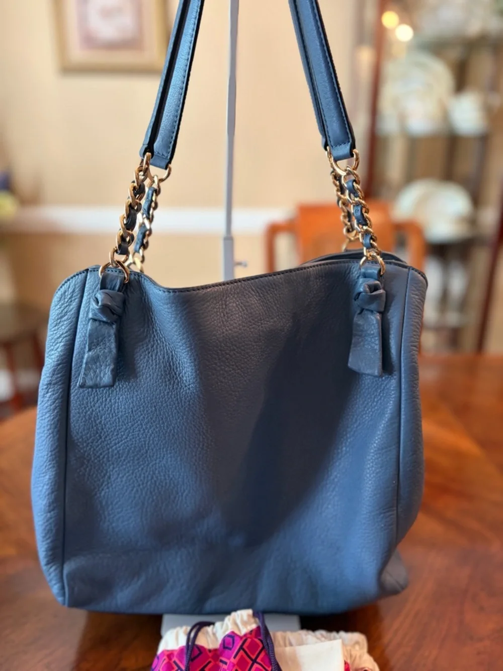 NWOT Tory Burch Harper Pebbled Leather Shoulder Tote w/Chain Straps - Slate Blue - Picture 11 of 14